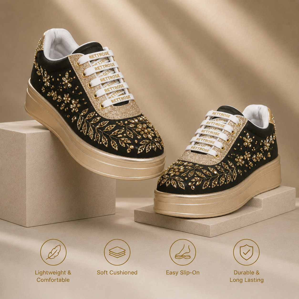 The Odette Luxury Golden Flora Embellished Trainer