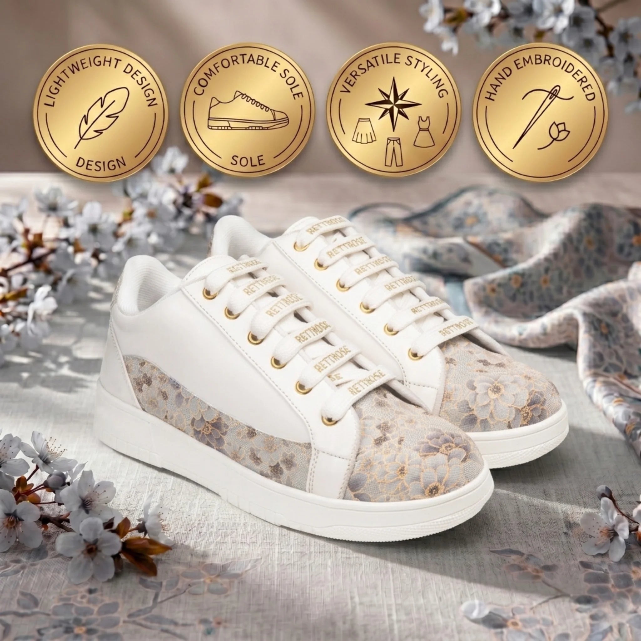 The Mosaic Rose White Gray Luxury Embellished Casual Sneaker
