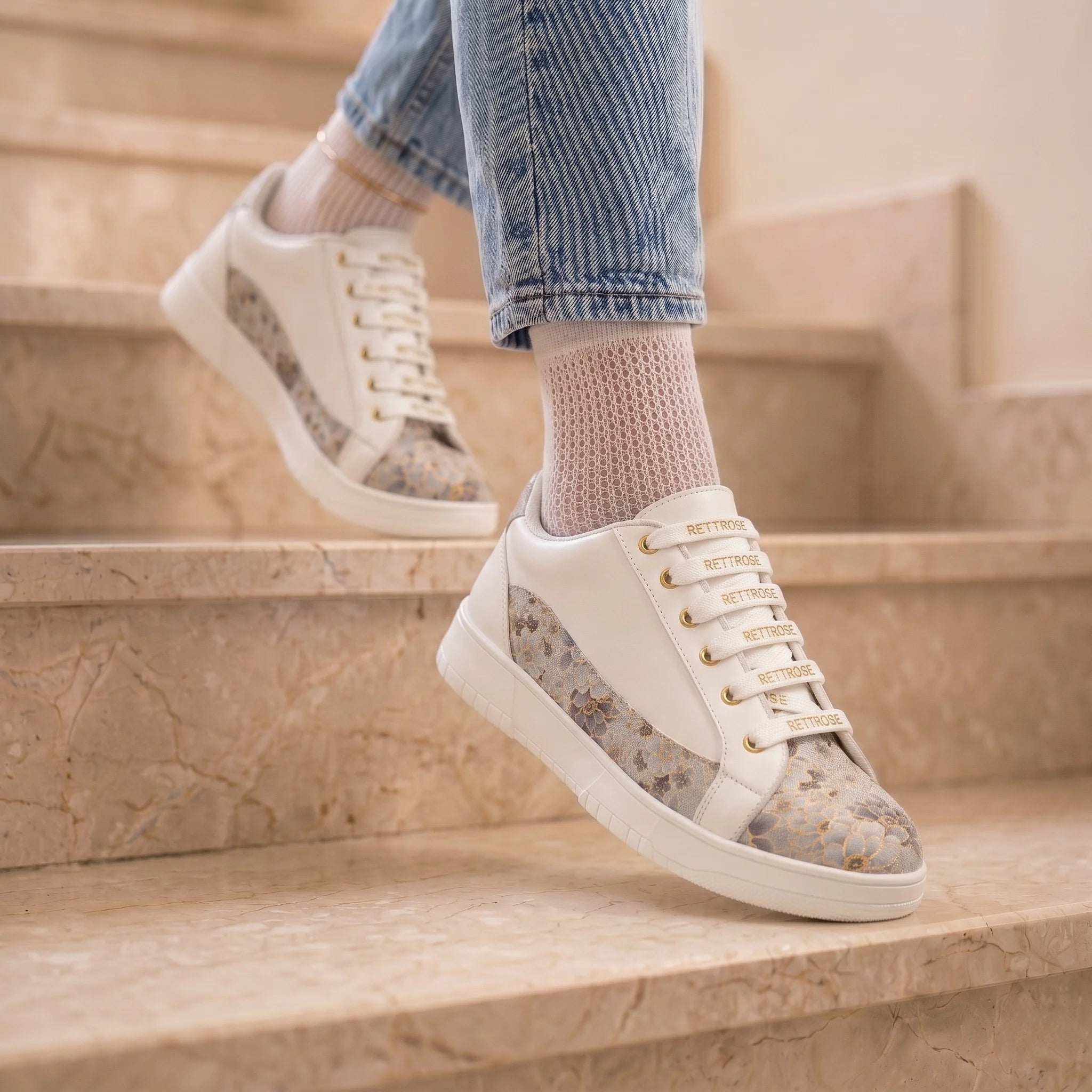 The Mosaic Rose White Gray Luxury Embellished Casual Sneaker