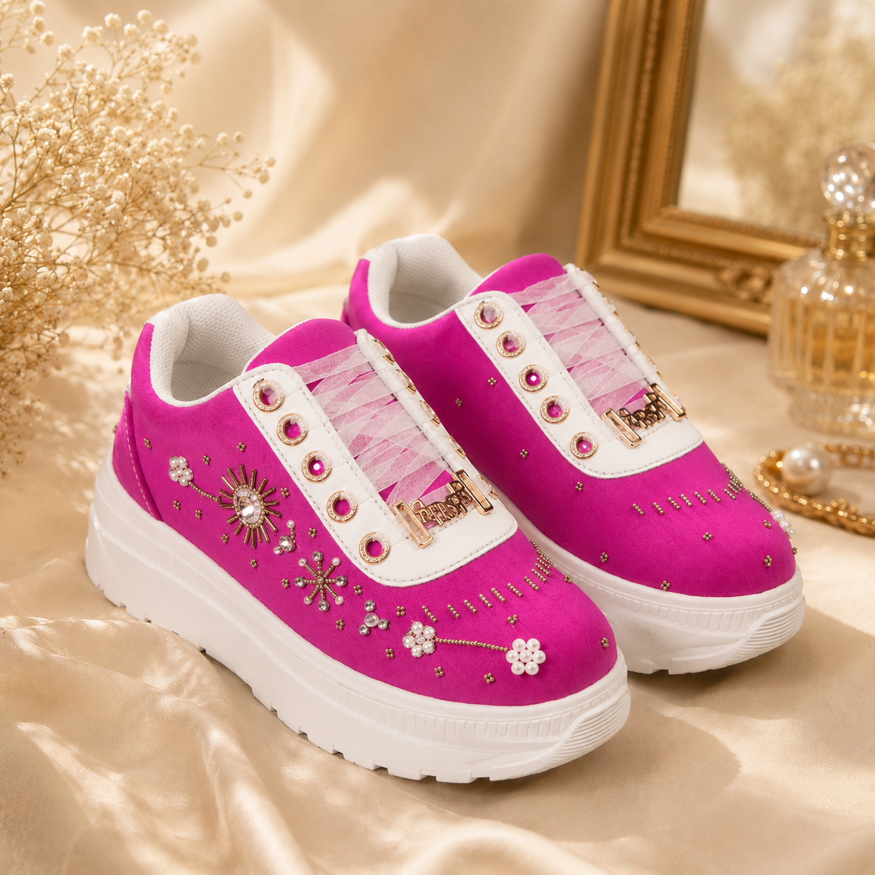 The Annabelle Luxury Hot Pink Satin Embellished Trainer
