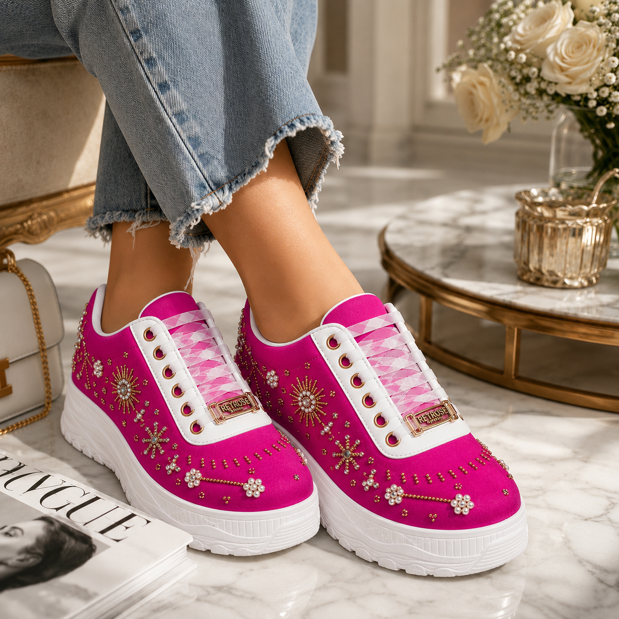 The Annabelle Luxury Hot Pink Satin Embellished Trainer