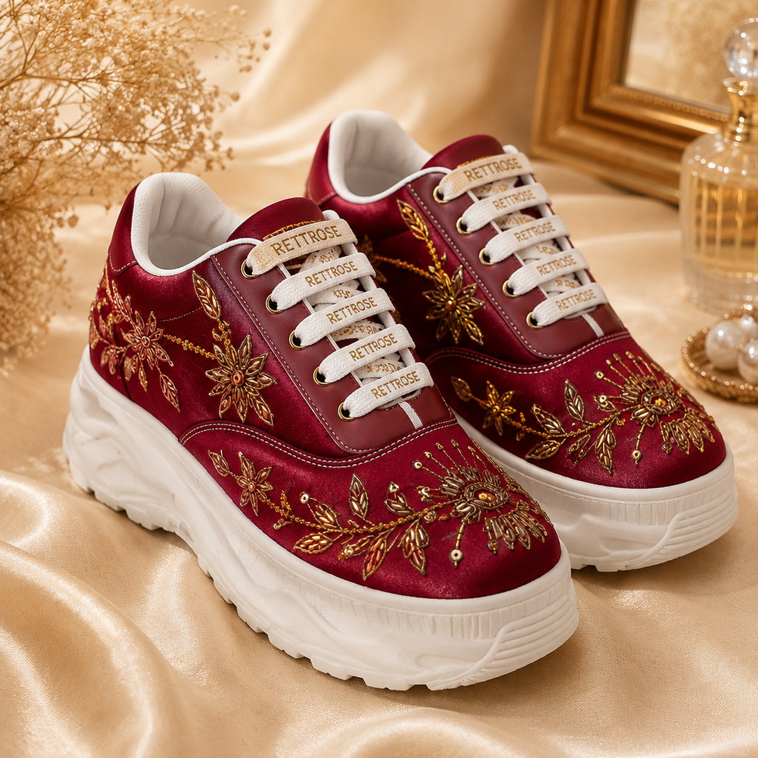 The Arabella Luxury Red Satin Embellished Trainer