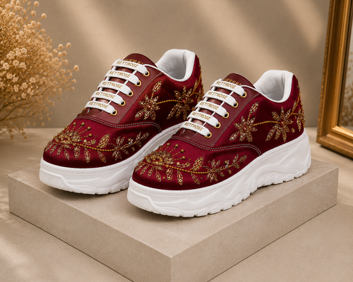 The Arabella Luxury Red Satin Embellished Trainer
