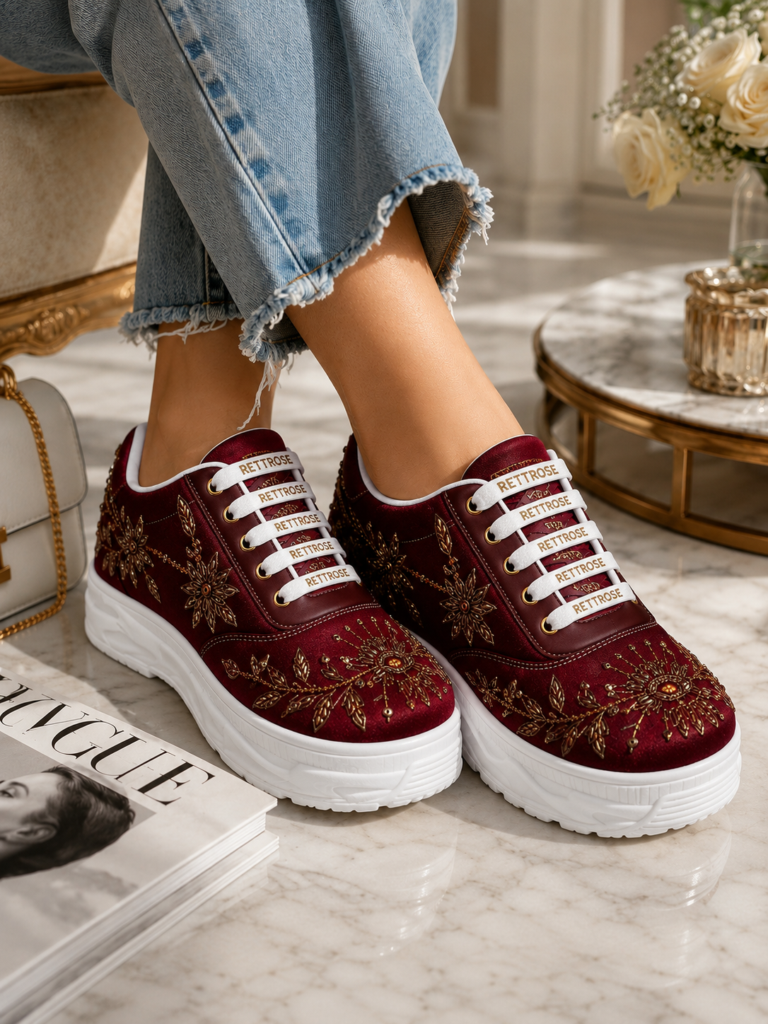 The Arabella Luxury Red Satin Embellished Trainer