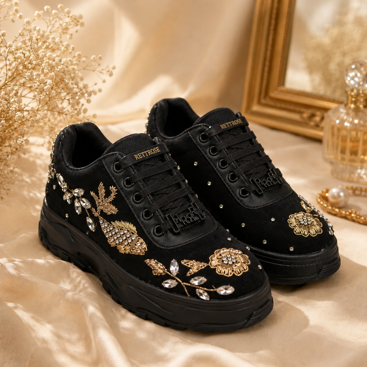 The Bella Luxury Rose Black Embellished Trainer
