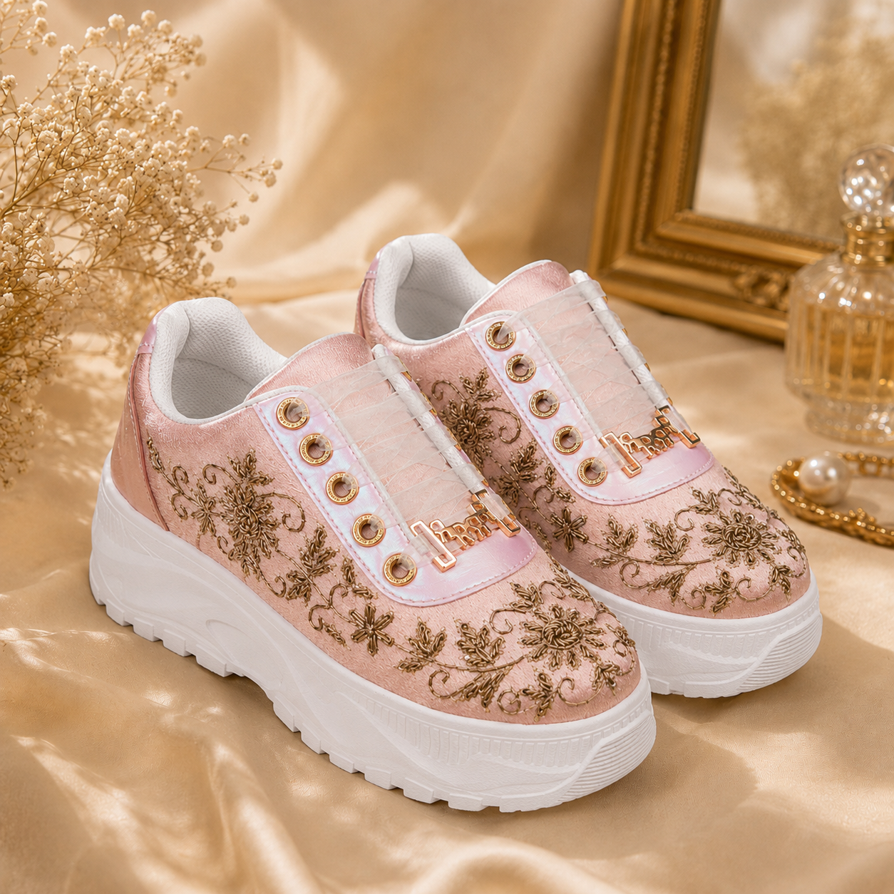The Eliana Luxury Pink Satin Embellished Trainer
