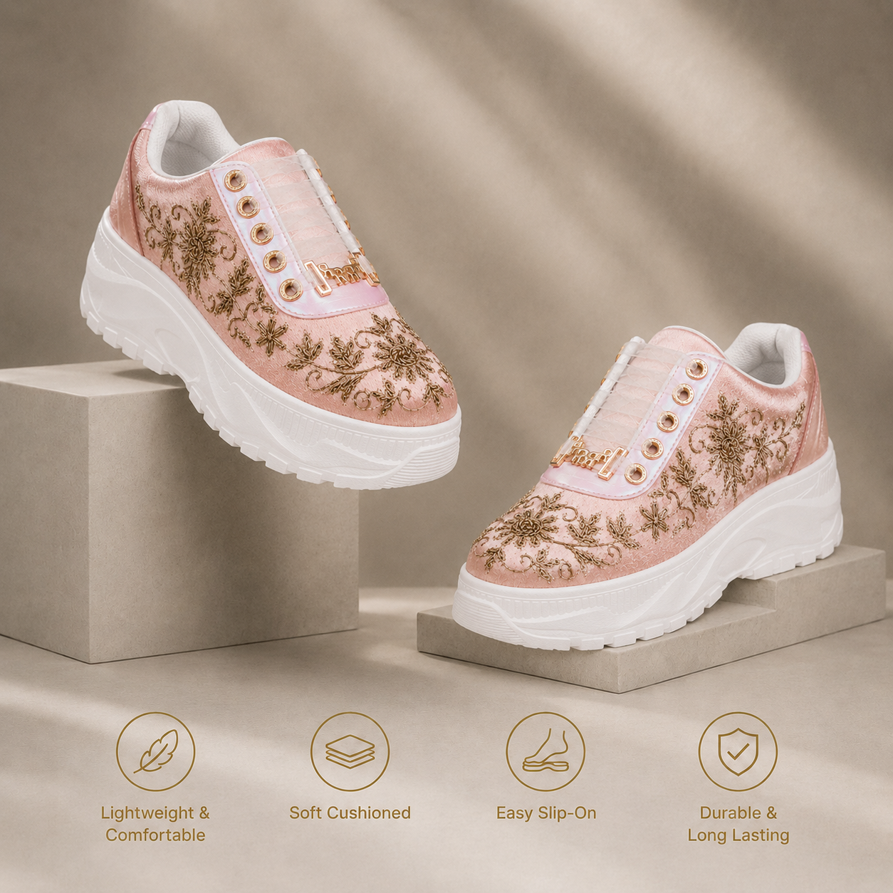 The Eliana Luxury Pink Satin Embellished Trainer