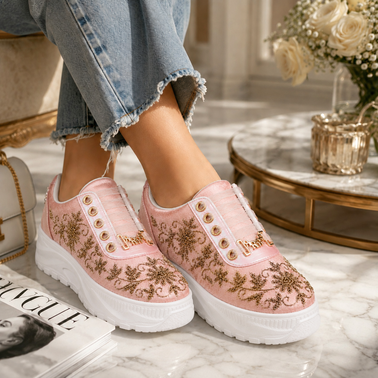 The Eliana Luxury Pink Satin Embellished Trainer