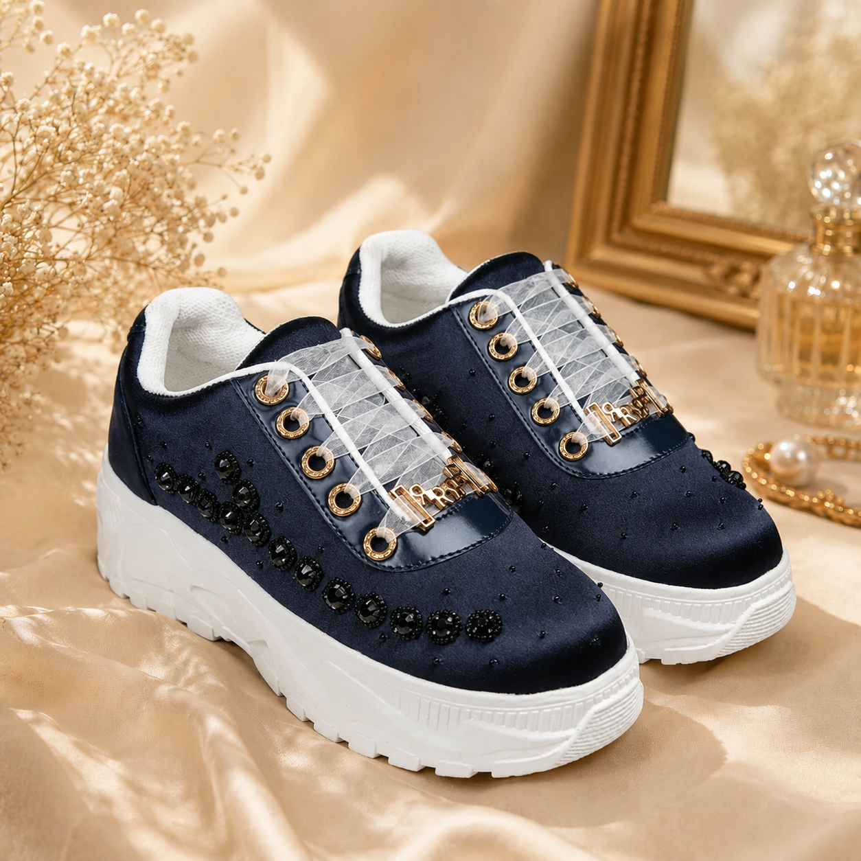 The Evalynn Luxury Navy Satin Embellished Trainer