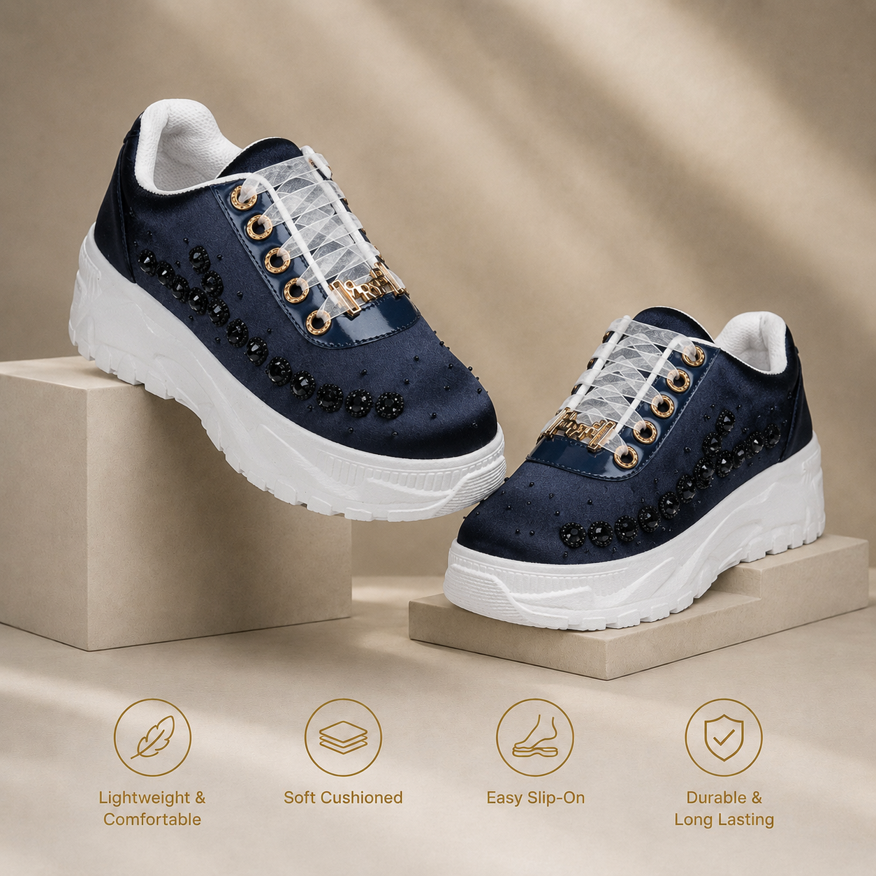 The Evalynn Luxury Navy Satin Embellished Trainer