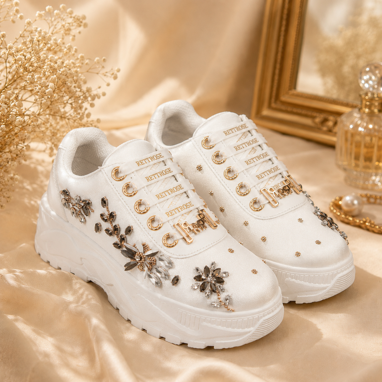 The Gabriella Luxury Cream Satin Embellished Trainer