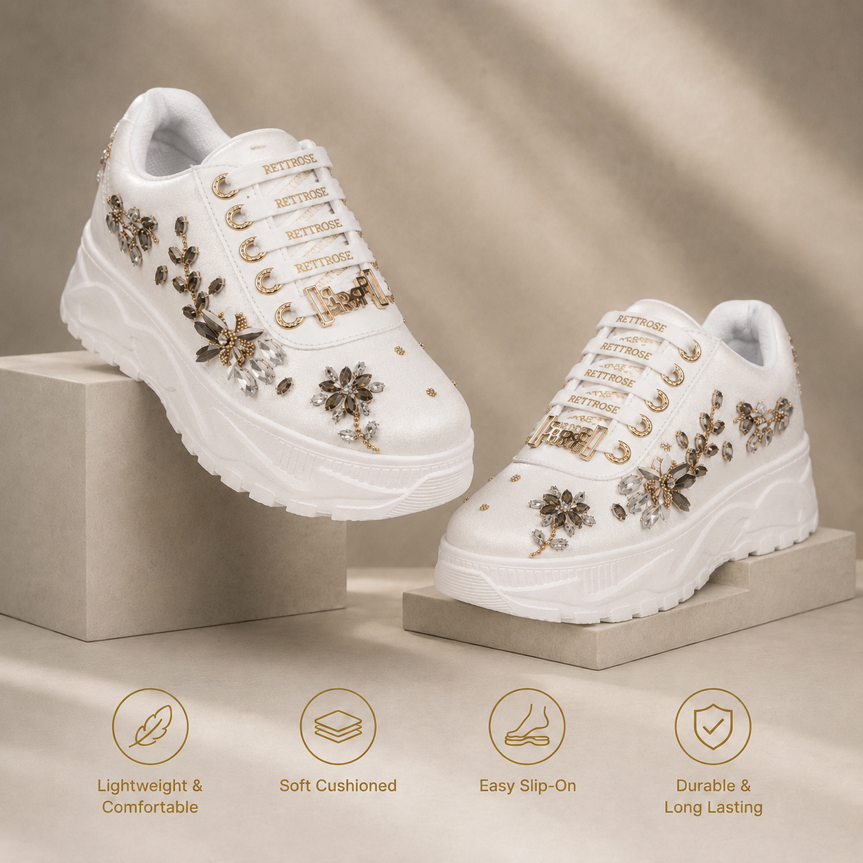 The Gabriella Luxury Cream Satin Embellished Trainer