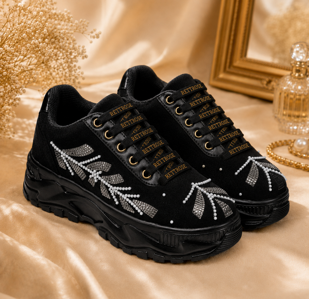 The Harley Luxury Black Satin Embellished Trainer