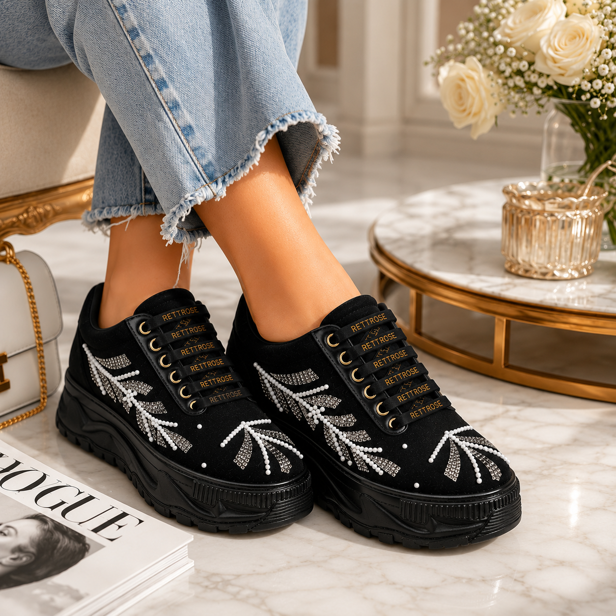The Harley Luxury Black Satin Embellished Trainer