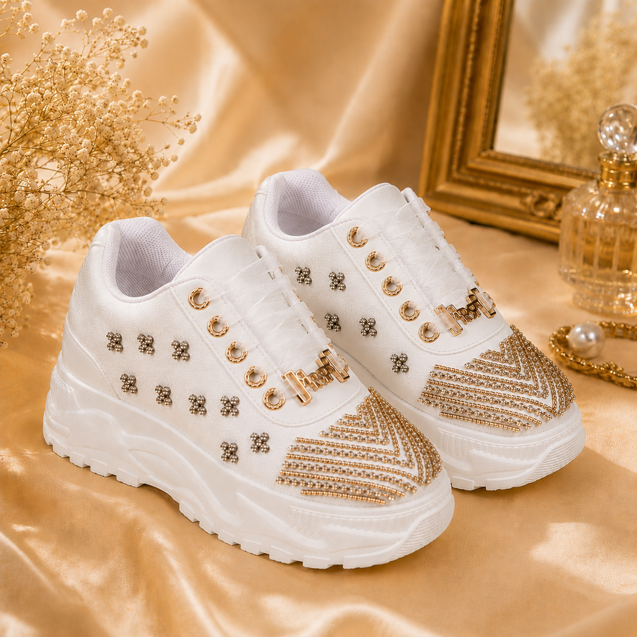 The Jayla Luxury Cream Satin Embellished Trainer