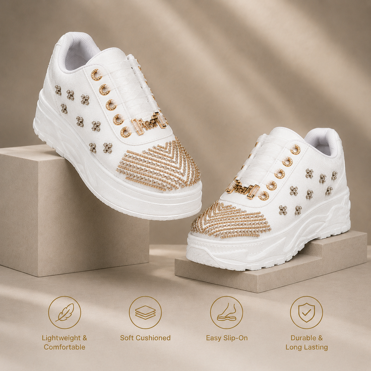 The Jayla Luxury Cream Satin Embellished Trainer