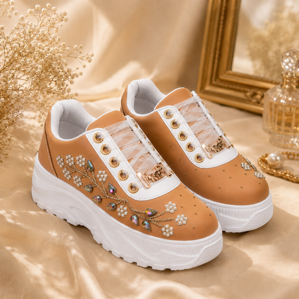 The Joanna Luxury Tan Satin Embellished Trainer