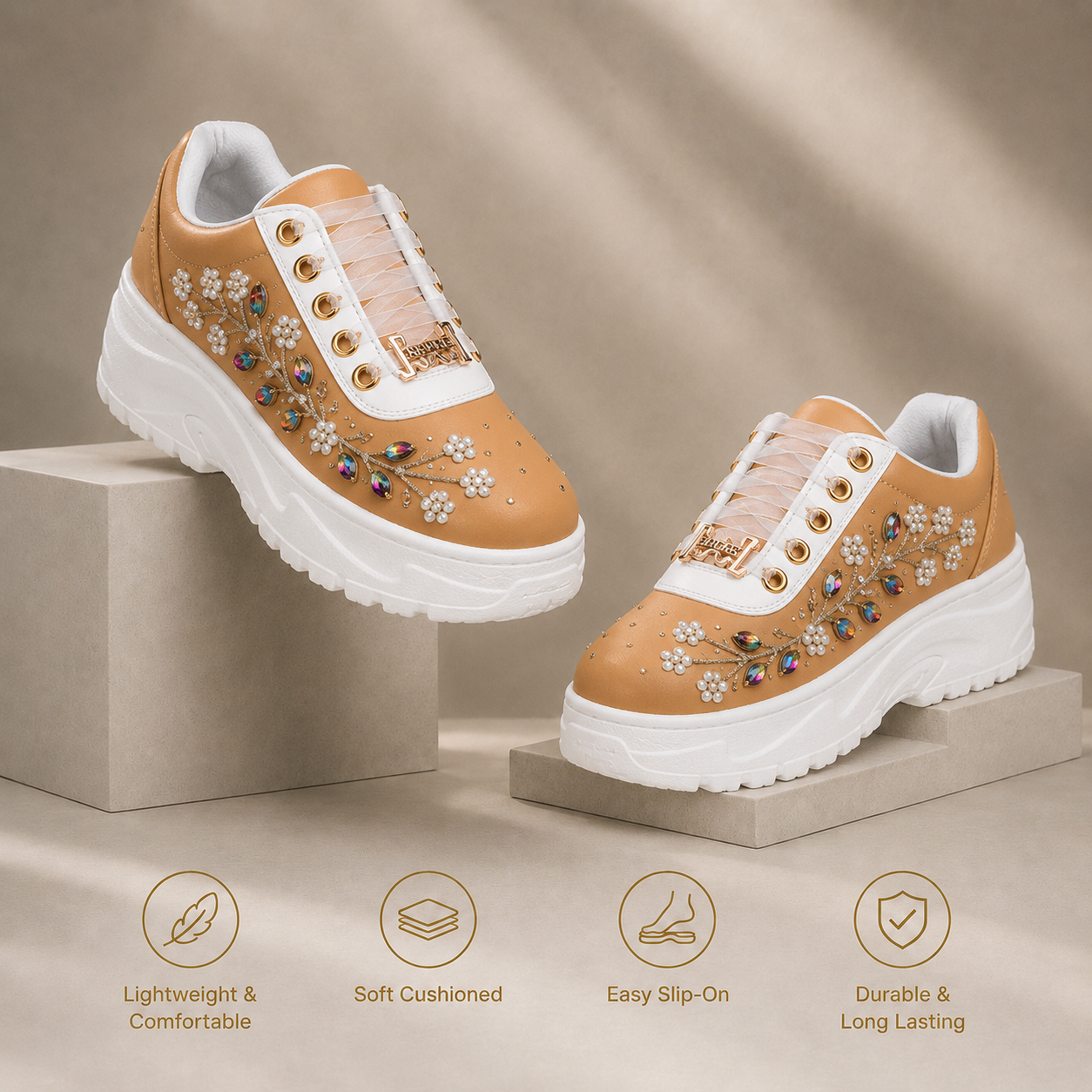 The Joanna Luxury Tan Satin Embellished Trainer