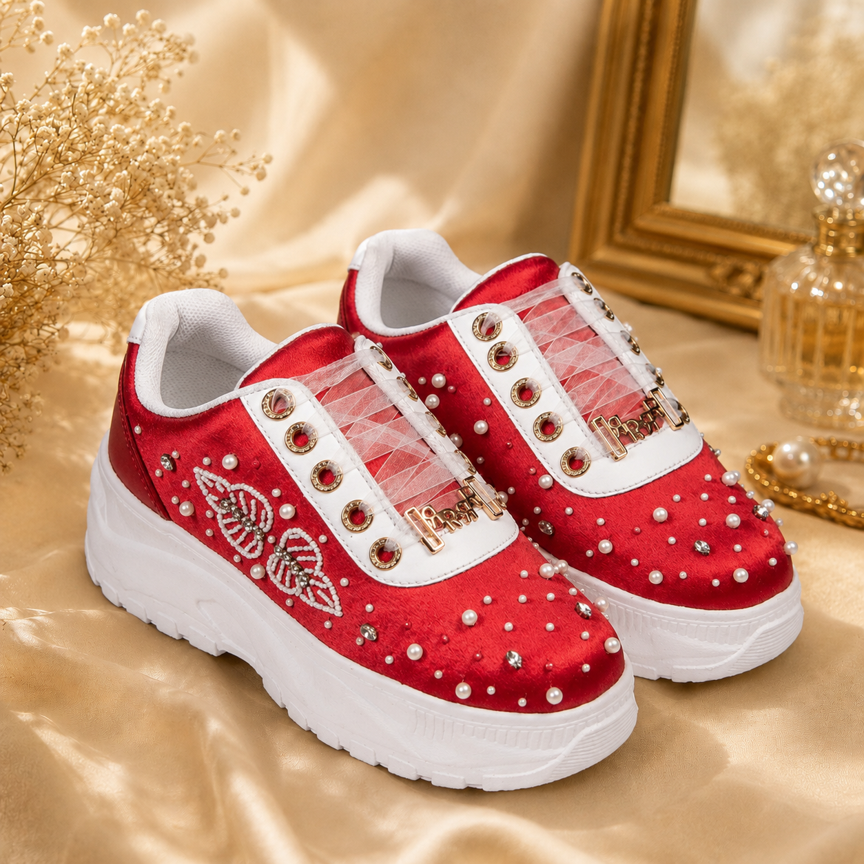 The Julianna Luxury Red Satin Embellished Trainer