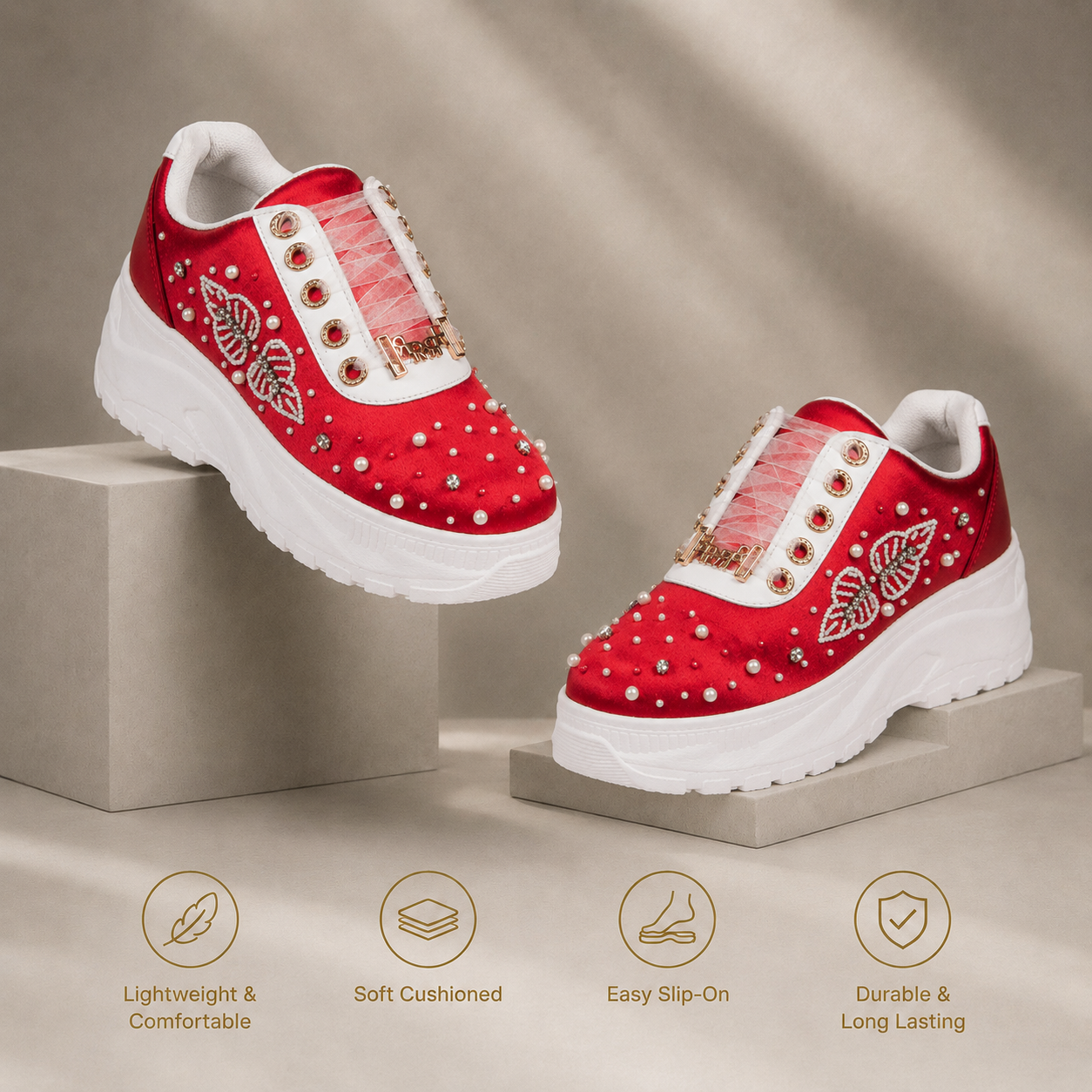 The Julianna Luxury Red Satin Embellished Trainer