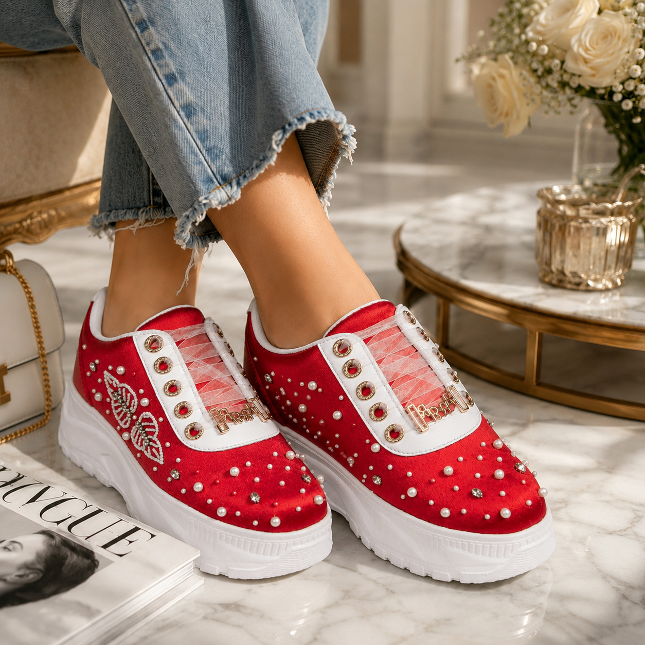 The Julianna Luxury Red Satin Embellished Trainer