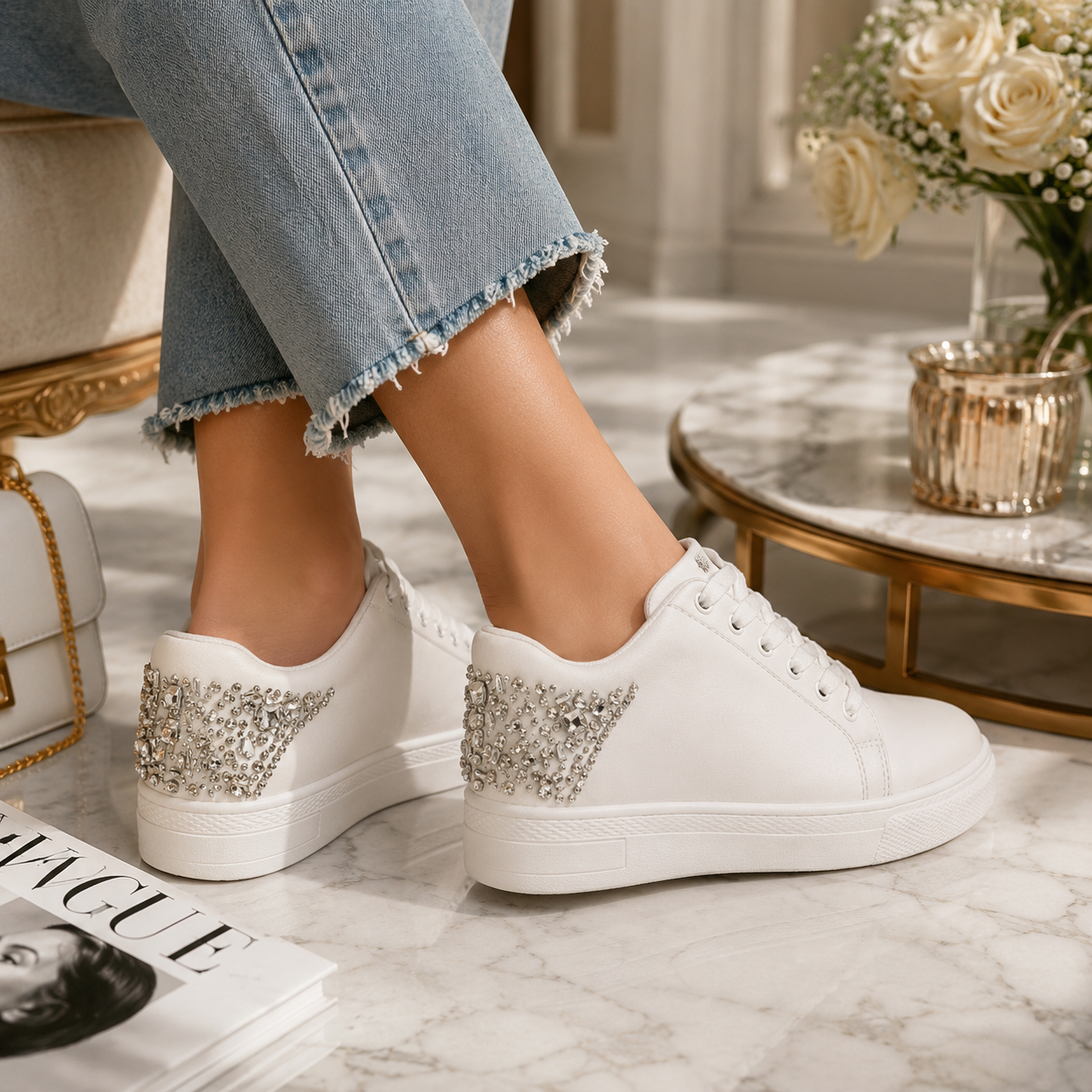 The Lexi White Luxury Embellished Trainer