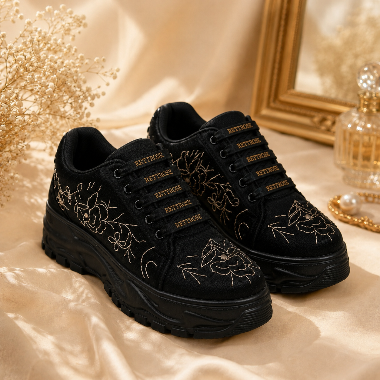 The Madelin Luxury Black Satin Embellished Trainer
