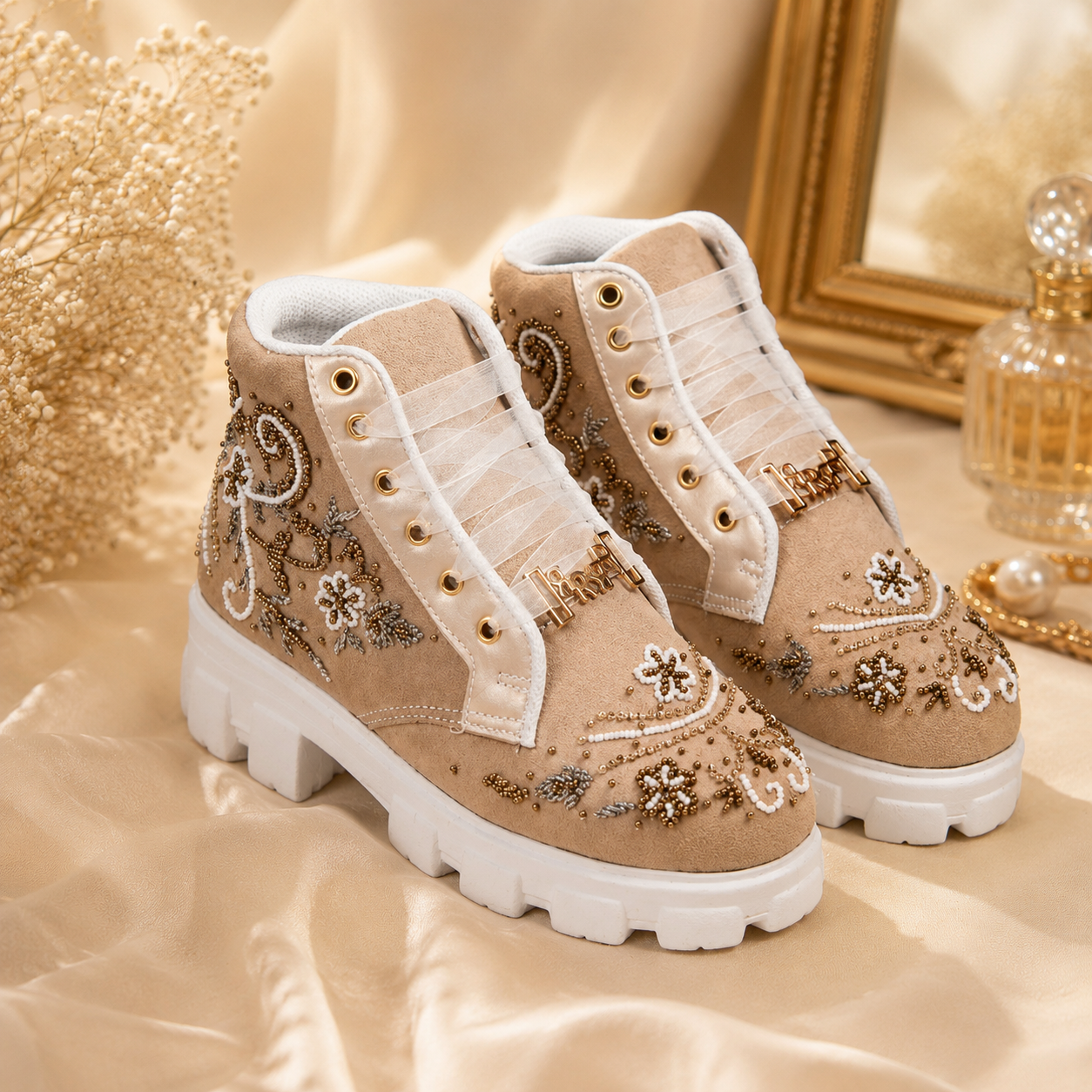 The Nayeli Luxury Tan Satin Embellished Trainer