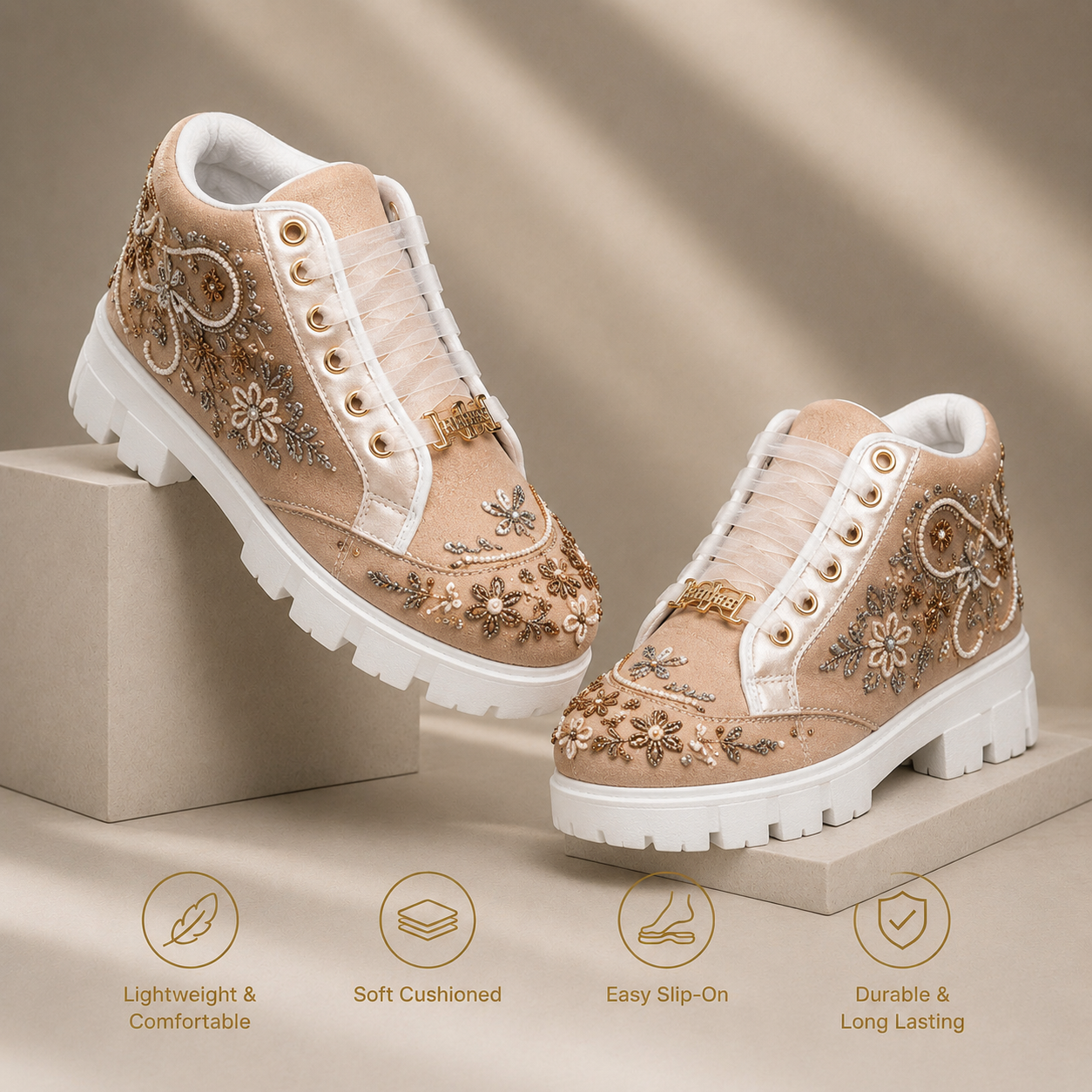 The Nayeli Luxury Tan Satin Embellished Trainer