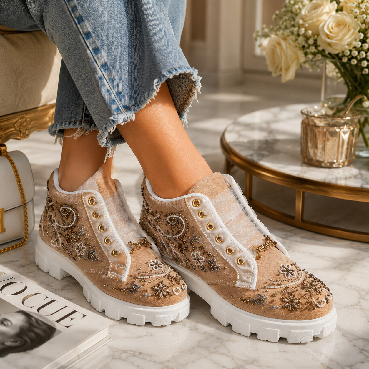 The Nayeli Luxury Tan Satin Embellished Trainer