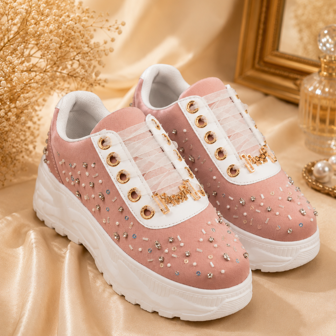 The Nicole Luxury Dusky Pink Satin Embellished Trainer
