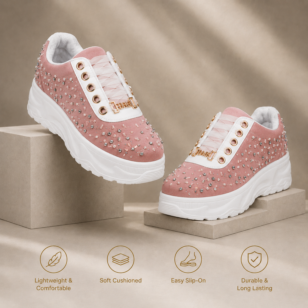 The Nicole Luxury Dusky Pink Satin Embellished Trainer