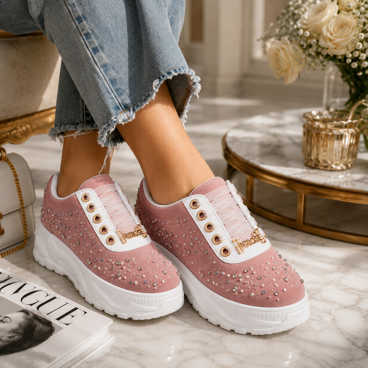 The Nicole Luxury Dusky Pink Satin Embellished Trainer
