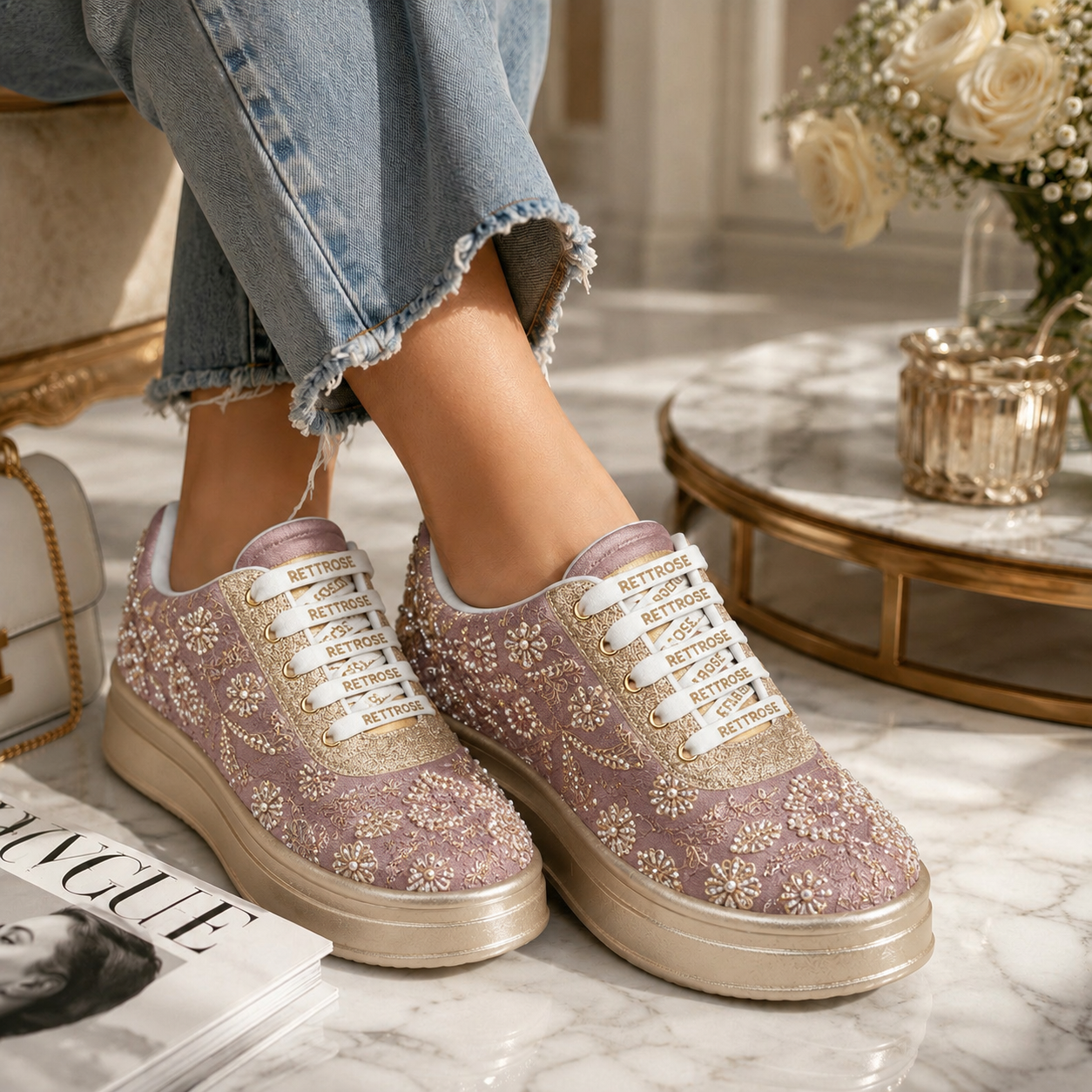 The Opaline Luxury Pearl Lace Embellished Trainer