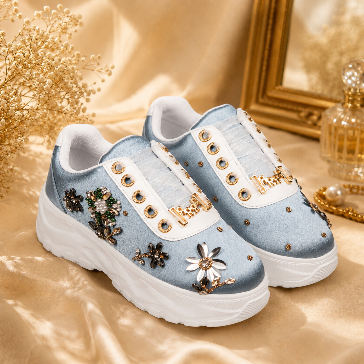 The Raegan Luxury Dusky Blue Satin Embellished Trainer