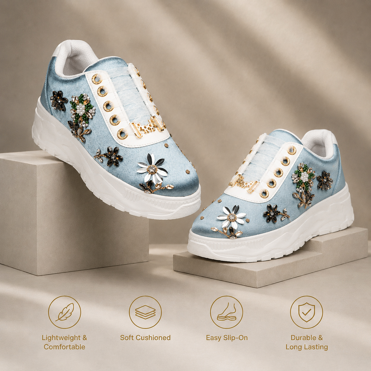 The Raegan Luxury Dusky Blue Satin Embellished Trainer