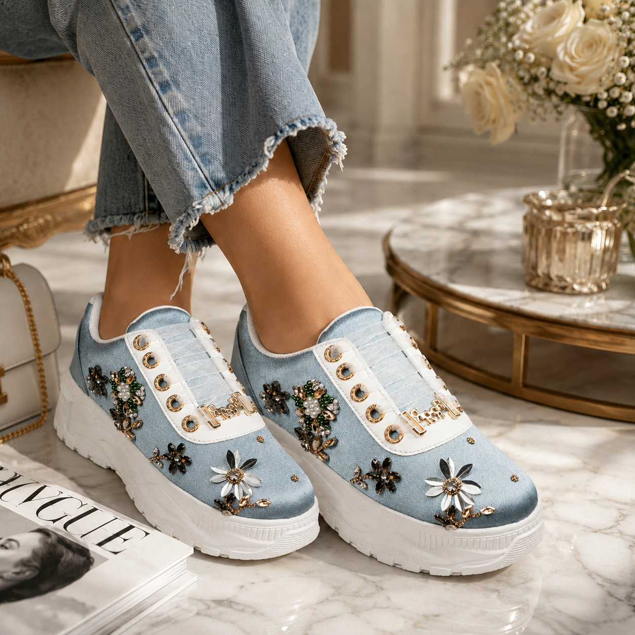 The Raegan Luxury Dusky Blue Satin Embellished Trainer
