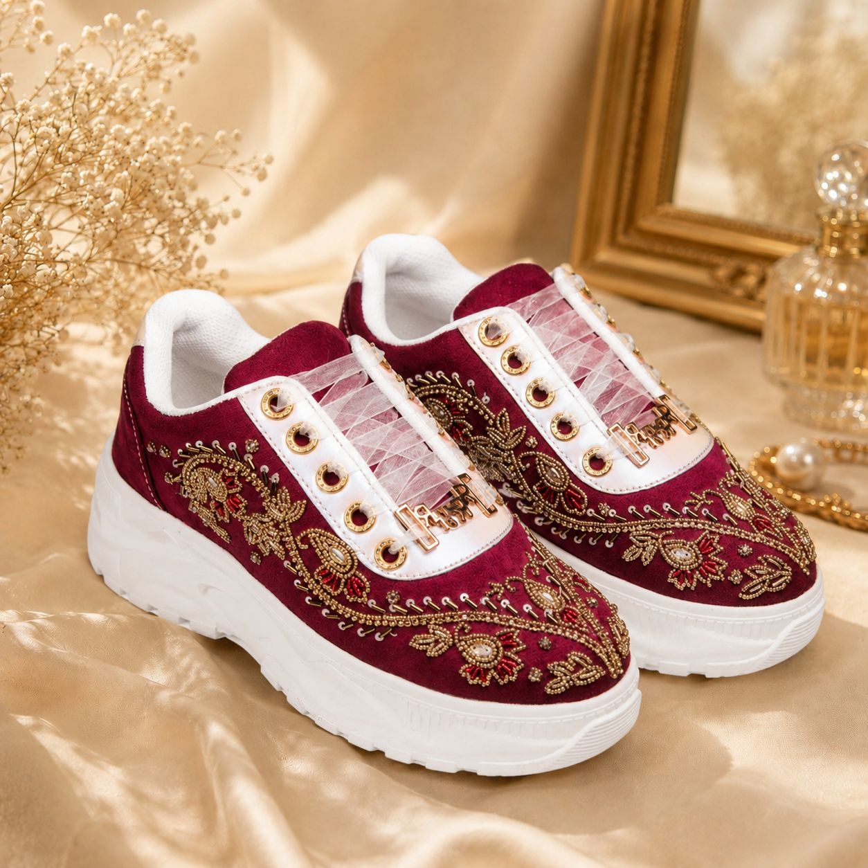 The Rory Luxury Ruby Satin Embellished Trainer