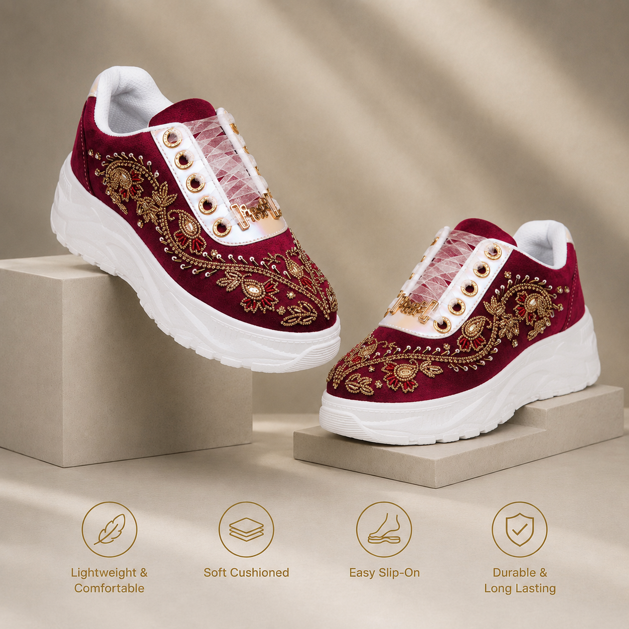 The Rory Luxury Ruby Satin Embellished Trainer