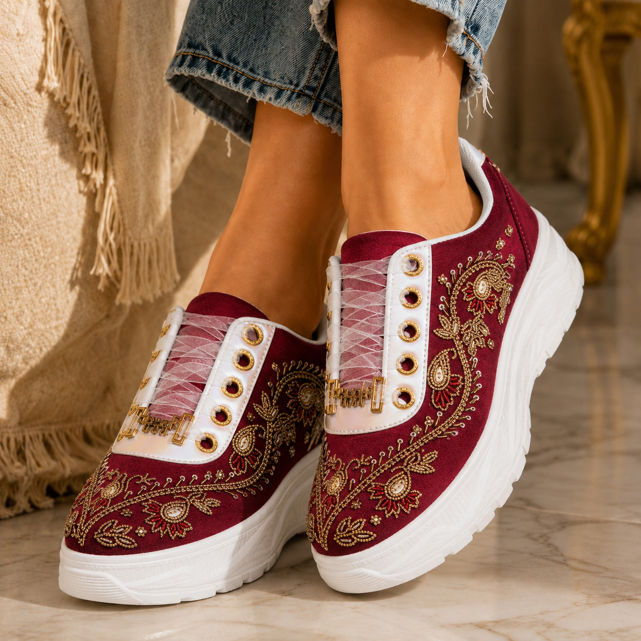 The Rory Luxury Ruby Satin Embellished Trainer