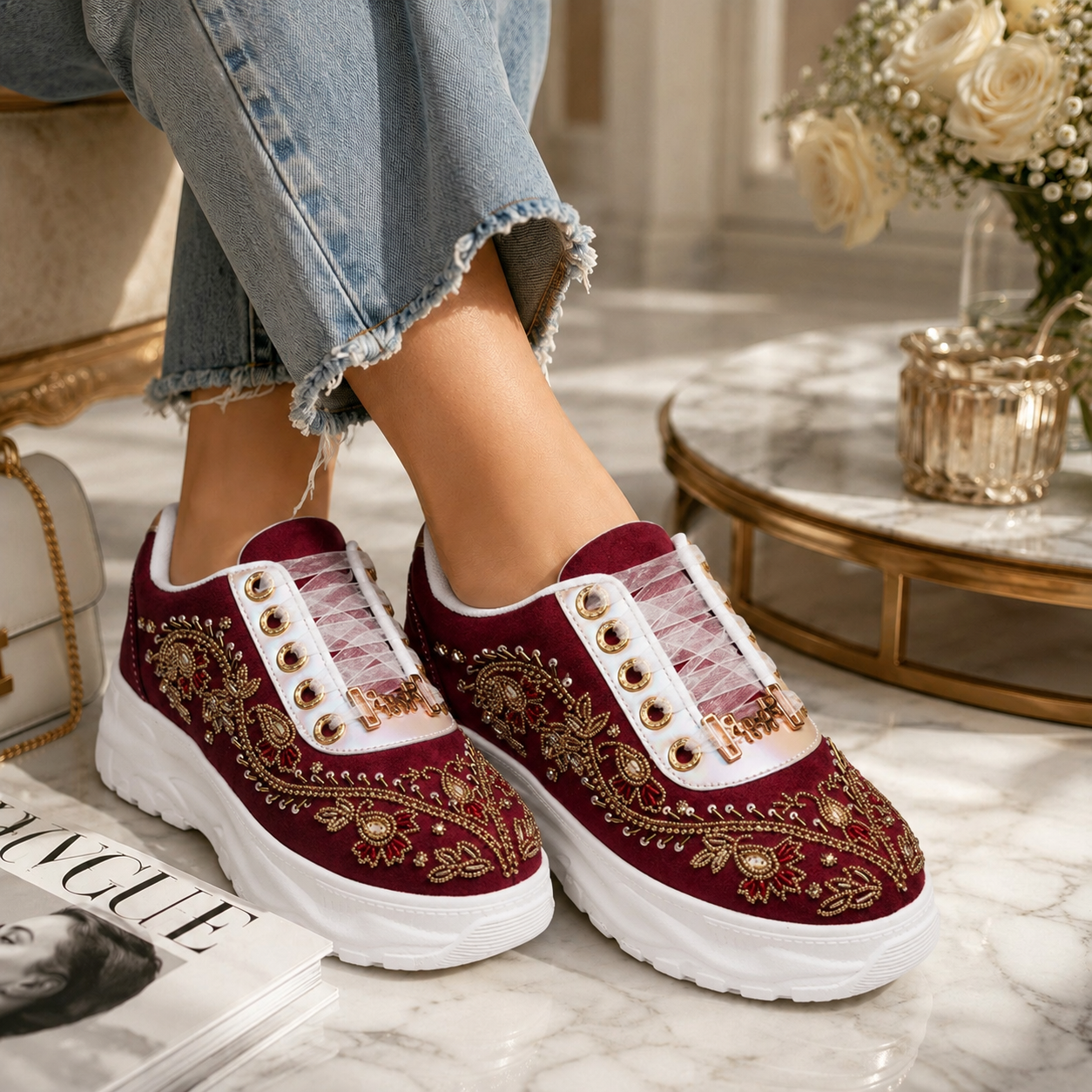 The Rory Luxury Ruby Satin Embellished Trainer