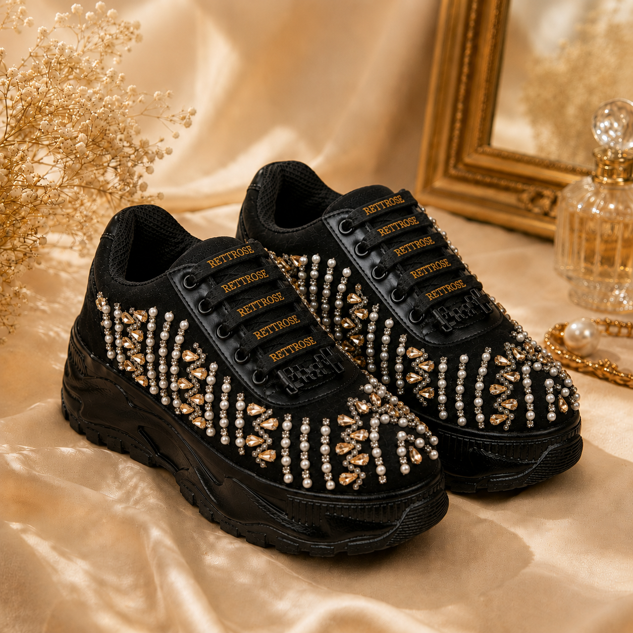 The Tessa Luxury Black Satin Embellished Trainer
