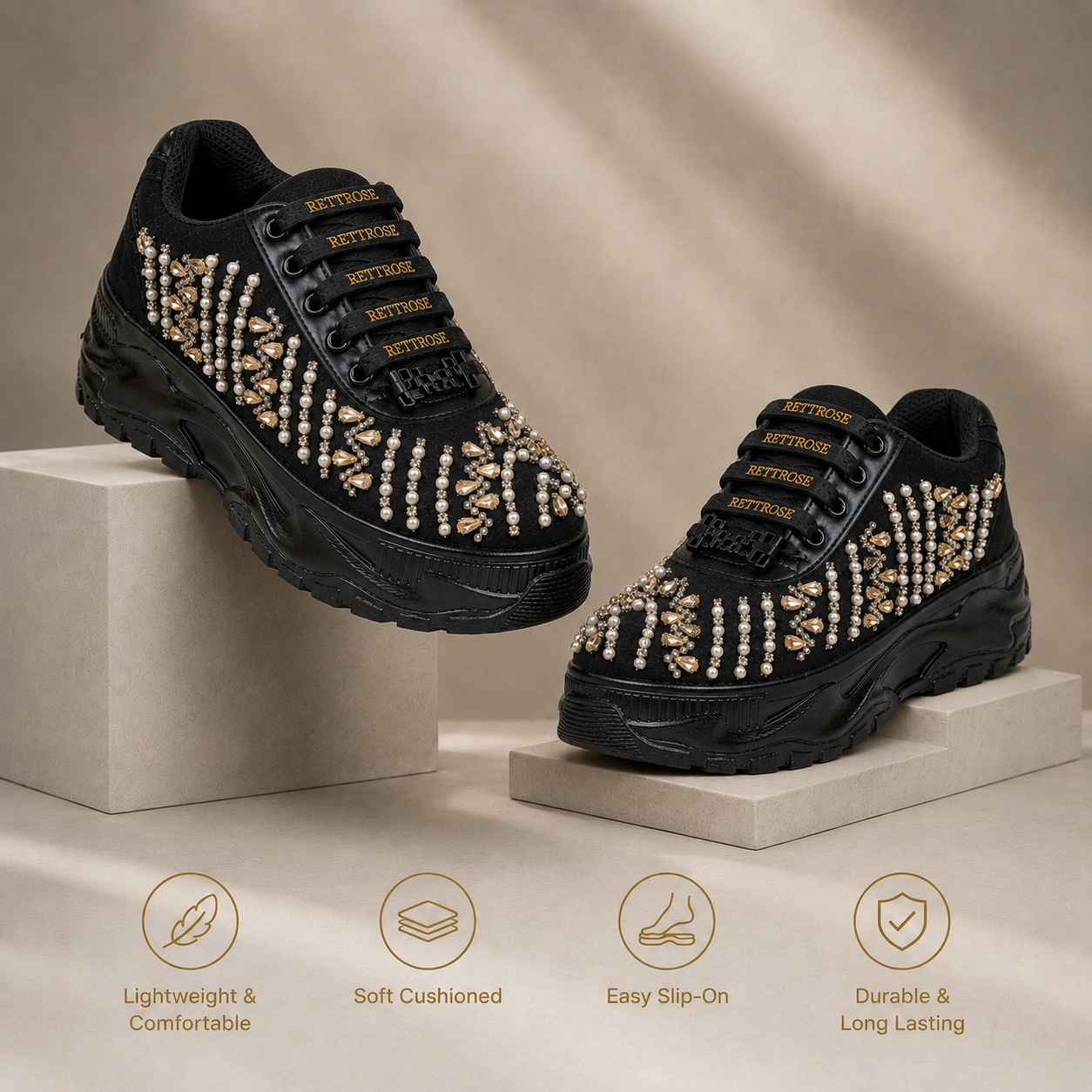 The Tessa Luxury Black Satin Embellished Trainer