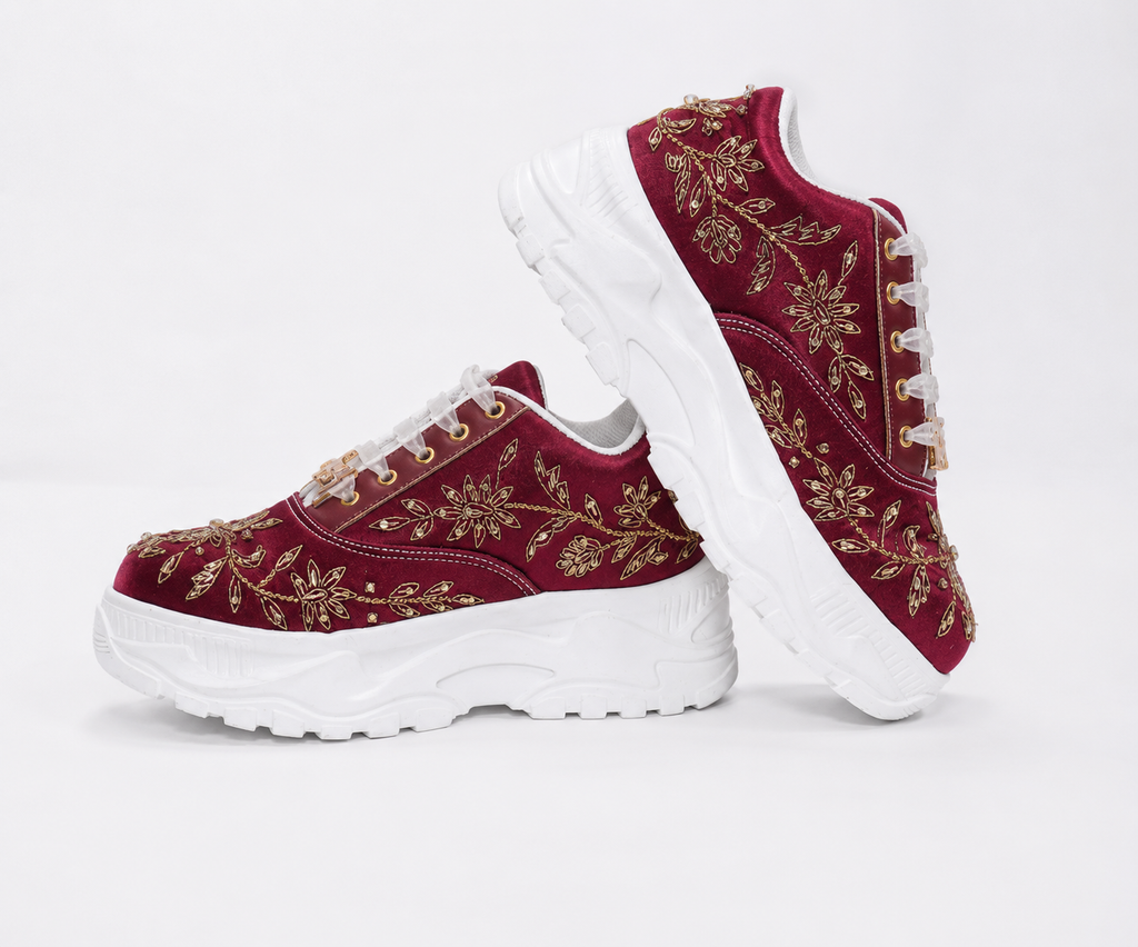 The Arabella Luxury Red Satin Embellished Trainer