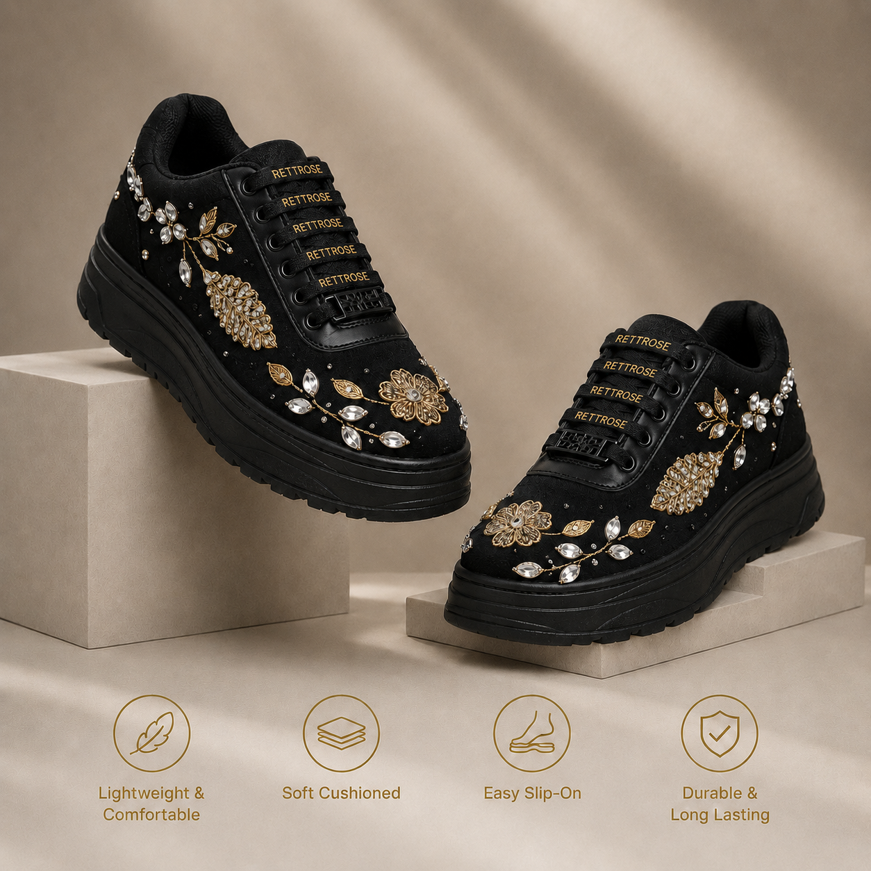 The Bella Luxury Rose Black Embellished Trainer