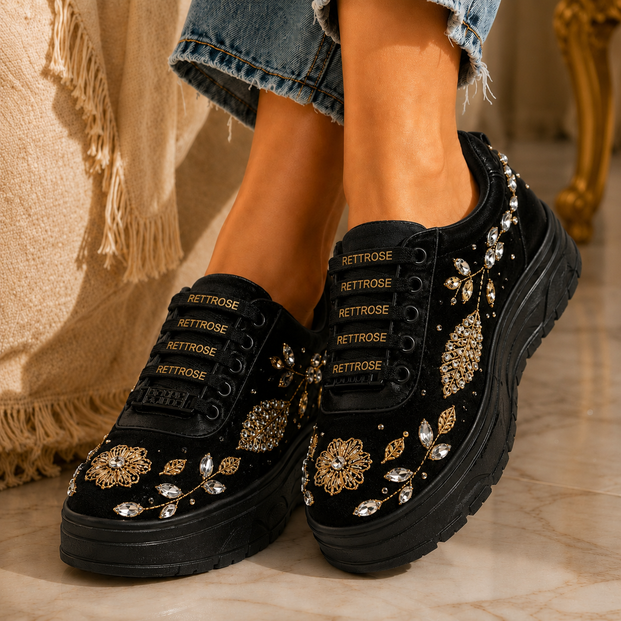 The Bella Luxury Rose Black Embellished Trainer