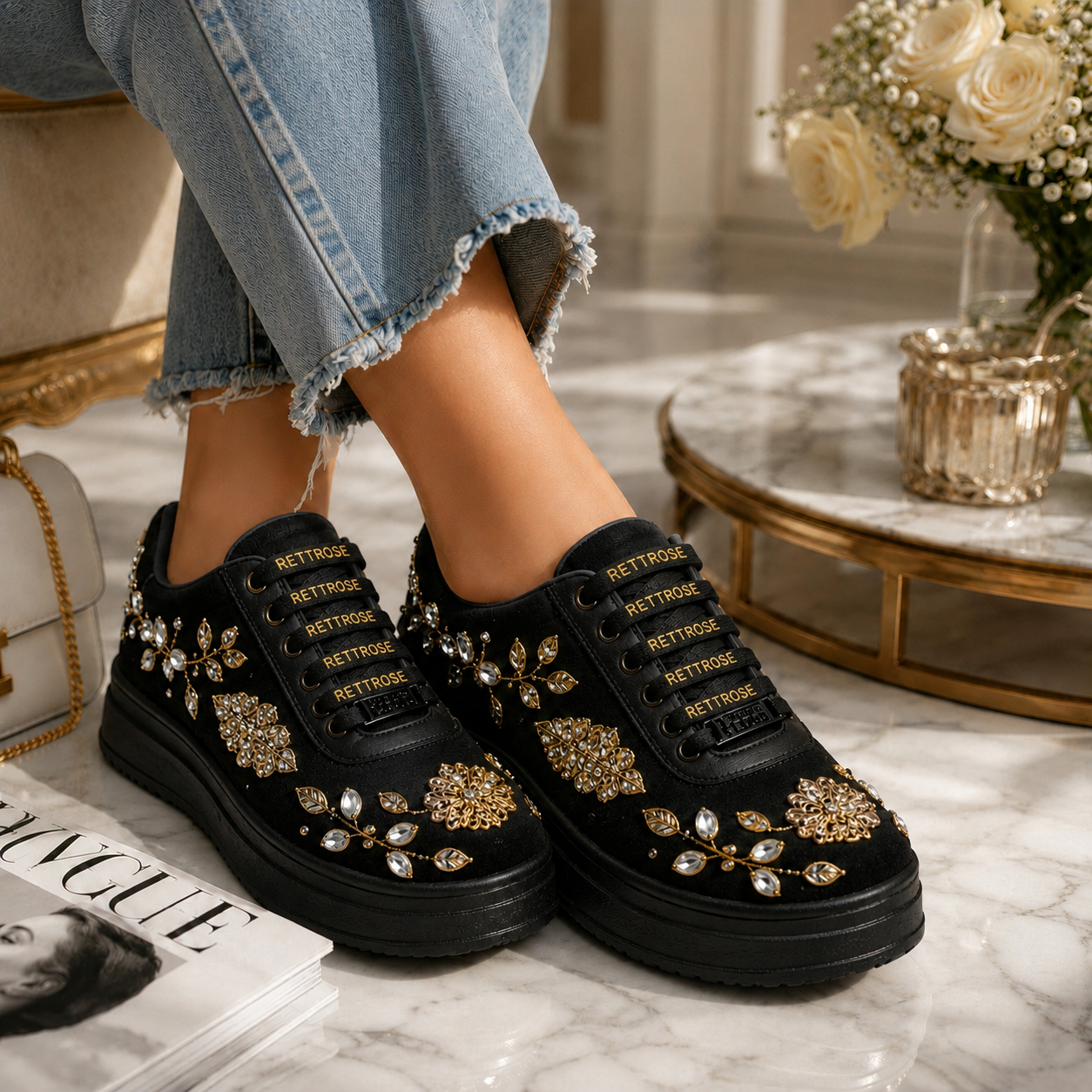The Bella Luxury Rose Black Embellished Trainer