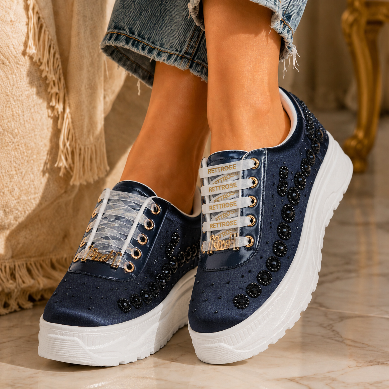 The Evalynn Luxury Navy Satin Embellished Trainer