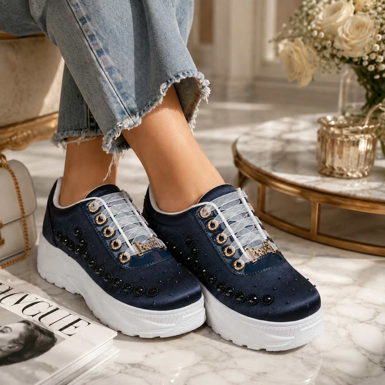 The Evalynn Luxury Navy Satin Embellished Trainer
