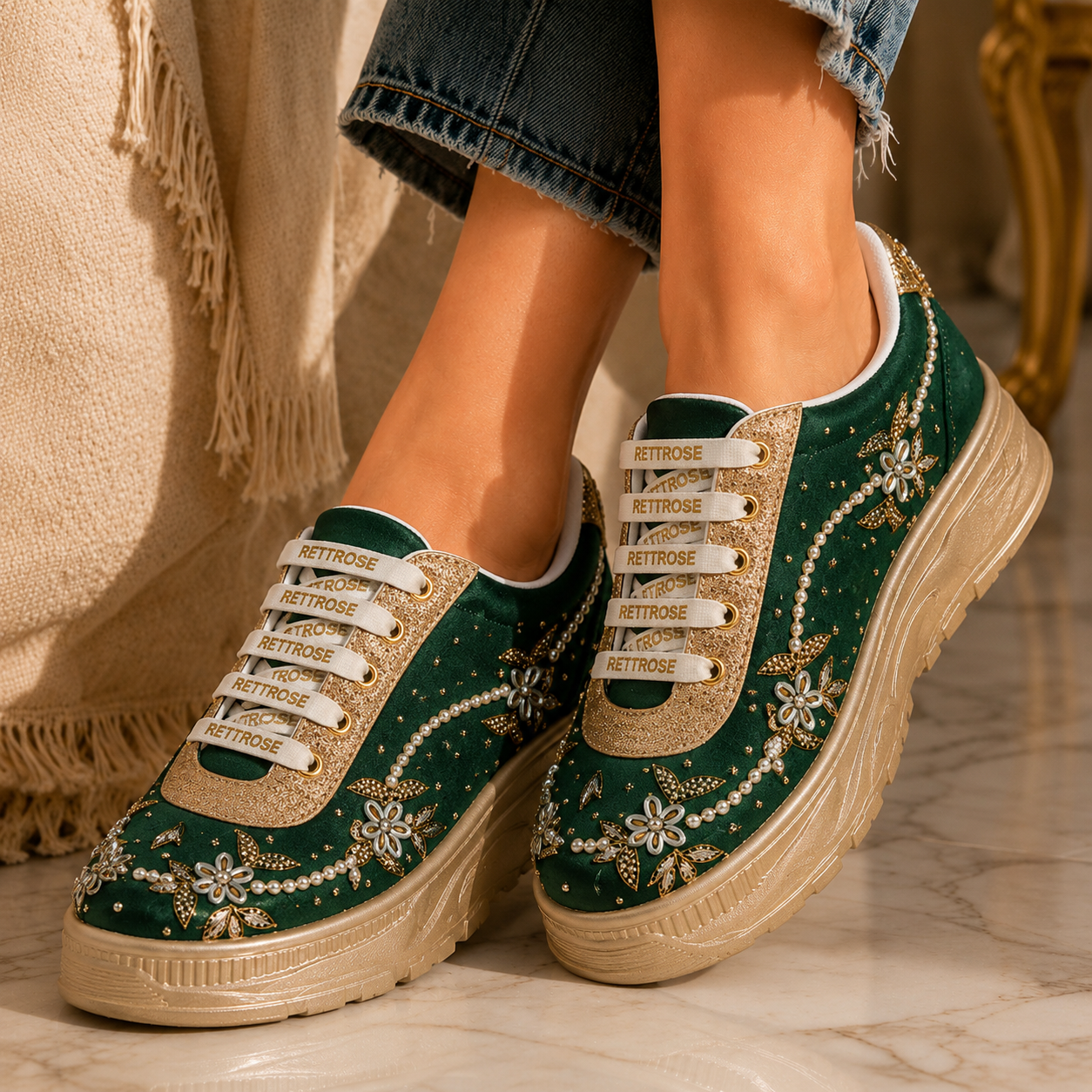 The Evelisse Luxury Green Orchid Embellished Trainer